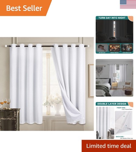 Grommet Top Blackout Drapes - 100% Room Darkening White Linen Curtains 2 Panels