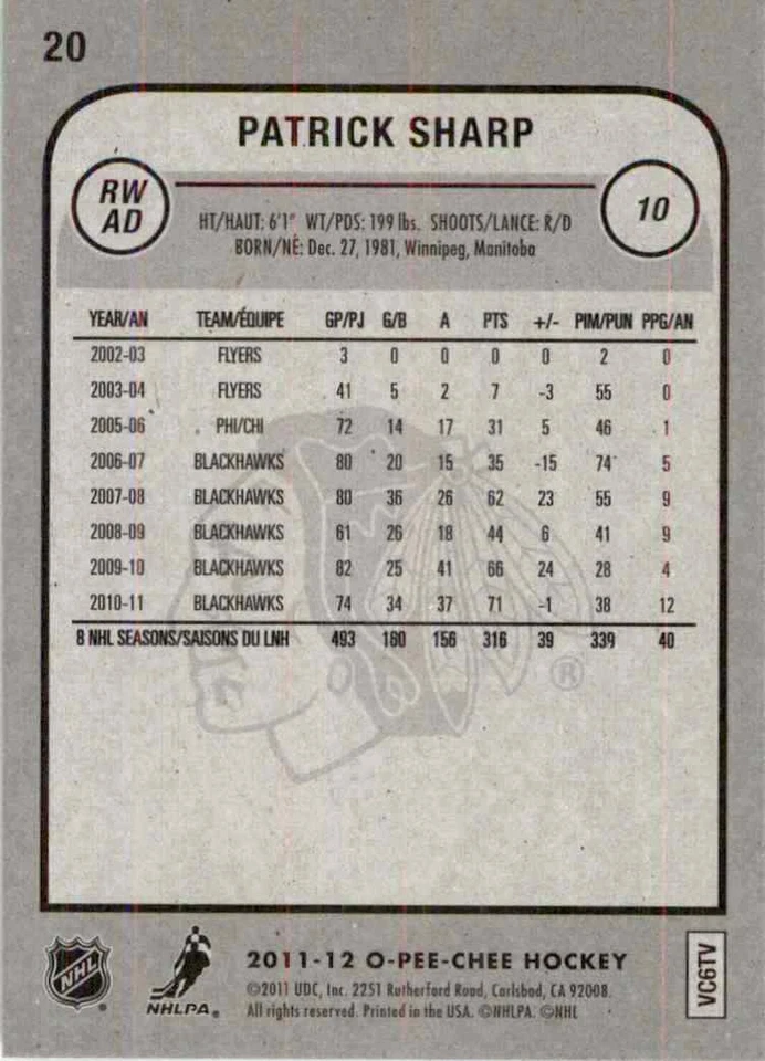 2011-12 O-Pee-Chee Patrick Sharp #20 - Image 2 of 2