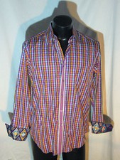 Robert Graham Multi-Colored Checkerd Contrast Cuff  Collar Dress Shirt Sz Med