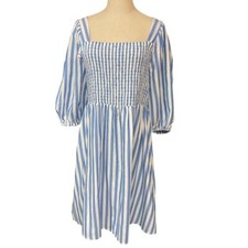 Ava & Viv Plus Women's Blue Stripe Milkmaid Mini Dress Puff Sleeves Size 1X