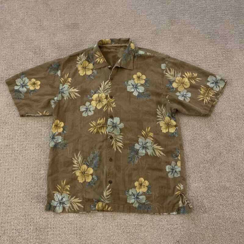 Tommy Bahama Men Sz L Brown Floral Tropical Button Up Shirt Short Sleeve Silk