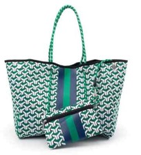 Neoprene Fashion Stripe Tote w/matching Pouch- Green Navy Beach Tote-NEW