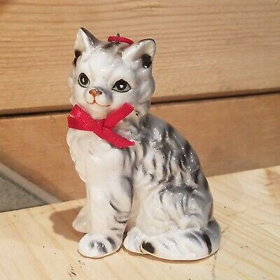 Ceramic Cat OrnamentFigurineWhite With Metal Detailing Collectable Gift 