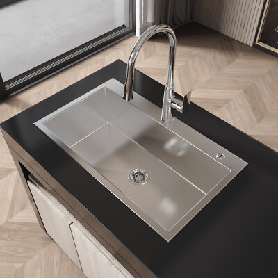 COZY Stainless Steel Kitchen Sink, 32'' Single Bowl Brushed Nickel SSBR02
