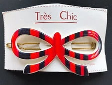 Vintage Hair Barrettes - Large Orange/Black/Red Bow Barrette - 60s design