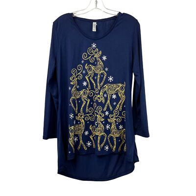 M&C Women s Long Sleeve Scoop Neck Reindeer Top Navy/Metallic Size Large