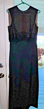 Evening Gown Long Black Beaded Bodice and Fringe, Sleeveless Dress Women s 8-10