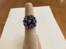 Large Purple Floral Ring Rhinestone Flowers Silver Tone Metal Women 7.25