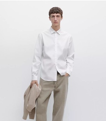 Massimo Dutti Slim Fit Stretch Cotton Blend Men s Button Down Shirt Size L White