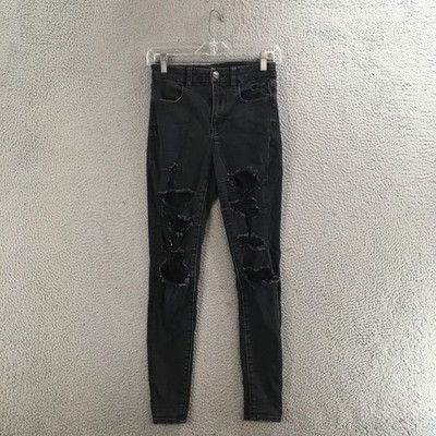 American Eagle Jeans Womens 2 Regular Fit Skinny Leg Mid Rise Distressed Black
