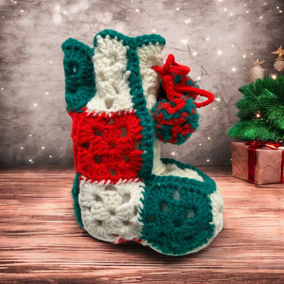 Vintage Handmade Crocheted Christmas Stocking Boot Granny Square red green white