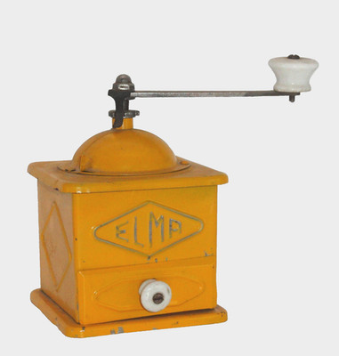 Vintage Tin Elma Coffee Mill ~ Mustard Paint ~ Porcelain Knobs ~ Nice Lap Type