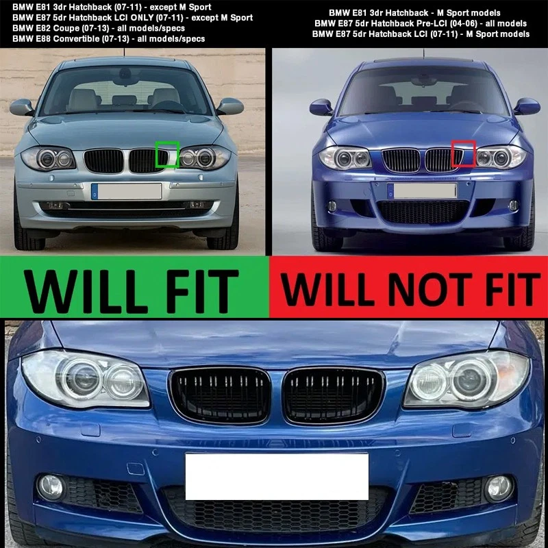 For BMW 1 Series E81 E87 E82 E88 135i 2007-2013 Front Kidney Grille Glossy Black Foto 4 de 4