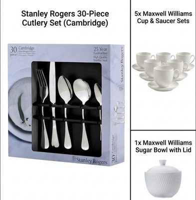 COMBO -Stanley Rogers Cambridge 30pc Cutlery Set +5x Cup and Saucer + Sugar Bowl