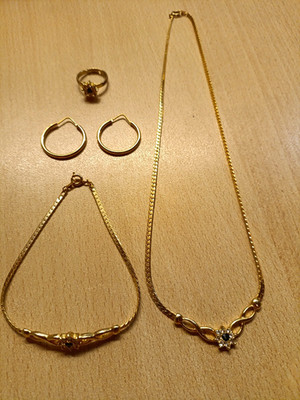 Goldfarbenes Schmuckset Halskette Armband Ring Ohrringe Metall