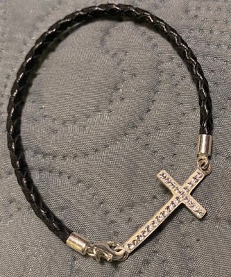 Sterling Silver 925 CW Braided Leather Rhinestone Cross Bracelet 7.5''