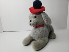 Vintage 1987 Dakin French Poodle Dog Grey in Red Beret Plush Stuffed Animal 8"