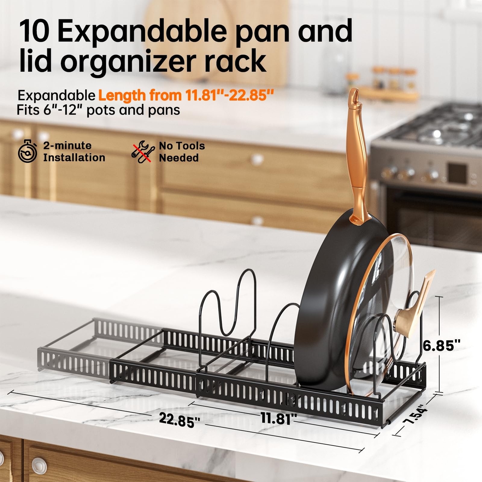 Pots and Pans Organizer Rack for under Cabinet Expandable 11.71''-22.85'' Pot L