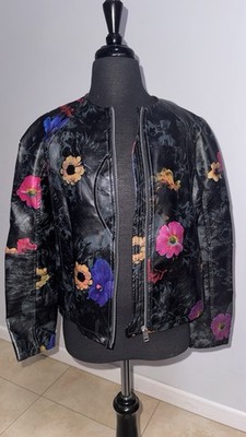 Diesel kids Black Leather Floral Zip Jacket w/ Pockets Size M Short
