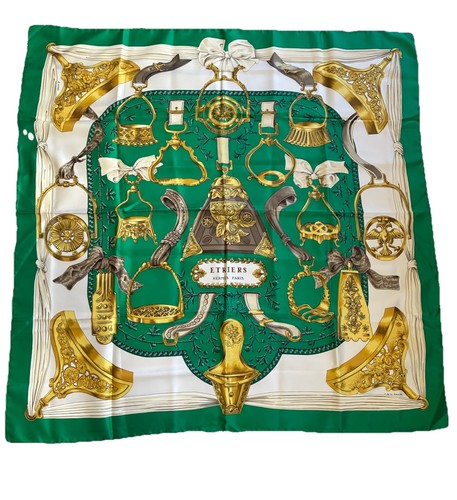 RARE Vintage 1960s HERMES Silk Scarf “ETRIERS” by F de la Perriere Green NWOB