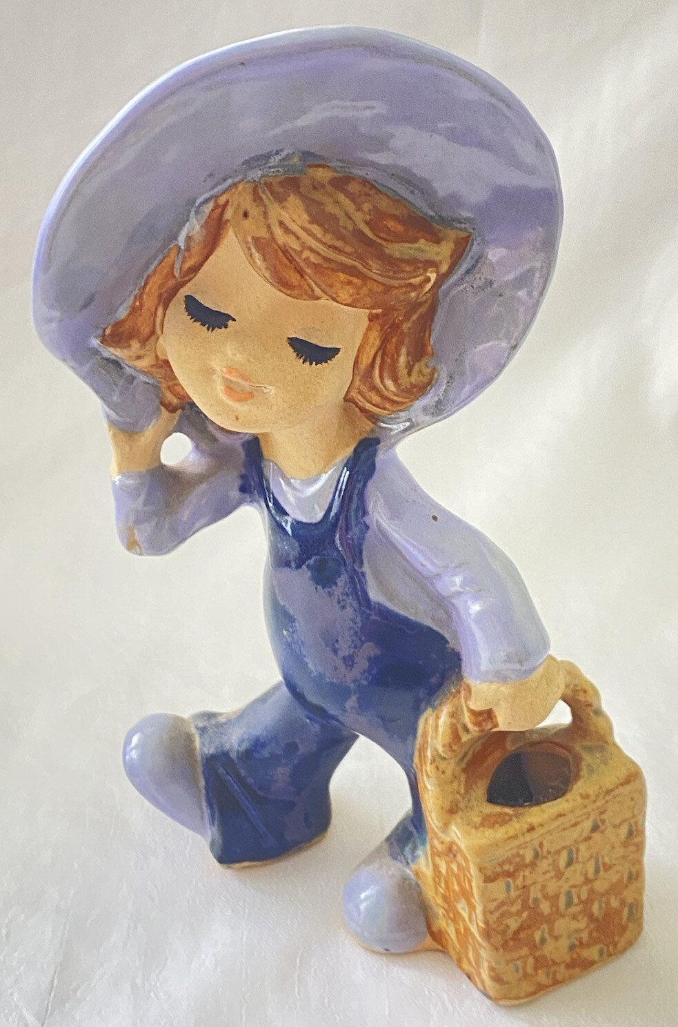 Vintage Ceramic Bisque Figurine of a Blue Hat Girl Carrying a Basket Retro Bisque Face Collectible