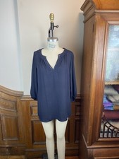 Banana Republic Sheer Herringbone Chevron V Neck Long Sleeve Blouse Size S Navy