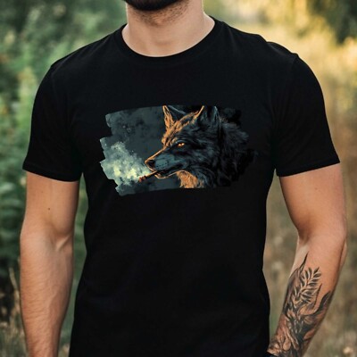 Mens Smoking Wolf Motif Cotton T-Shirt Size XS to 5XL