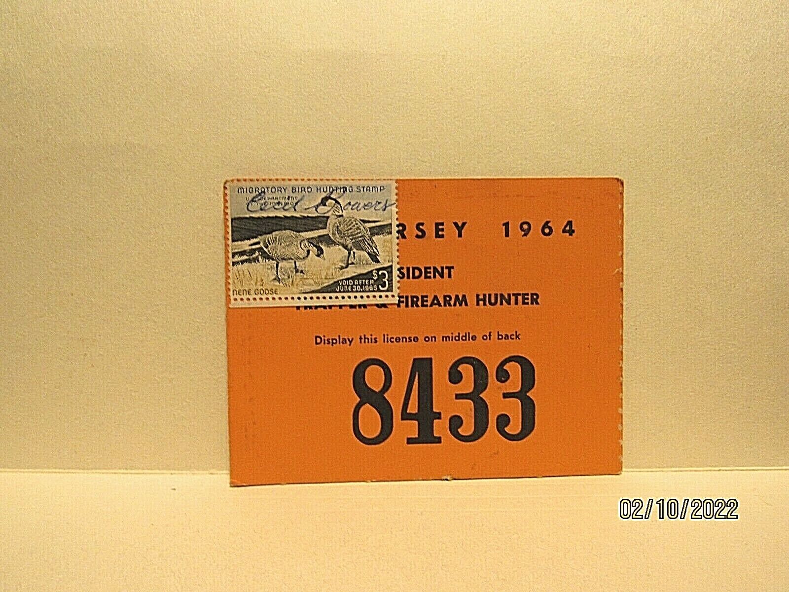 N.J. Resident Hunting License & Attached Migratory Bird Stamp - Vintage - 1964!