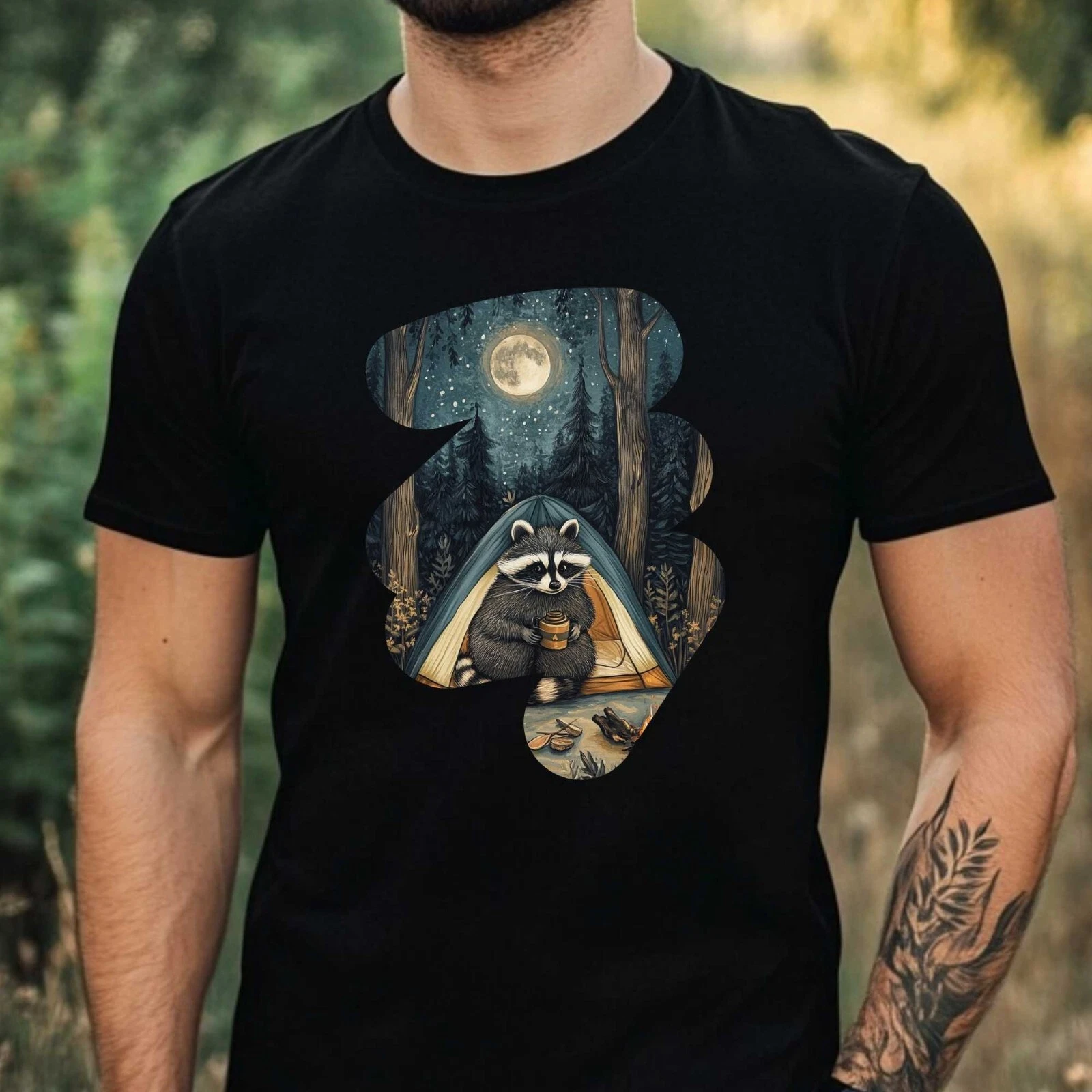 Mens Camping Raccoon Print Cotton T-Shirt Size XS to 5XL