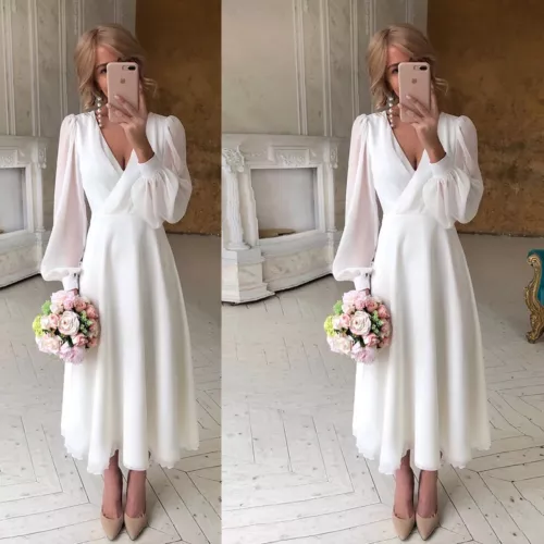 Chiffon V Neck Midi Wedding Dresses Long Sleeves A-line Tea Length Bridal Gowns* - Picture 1 of 6