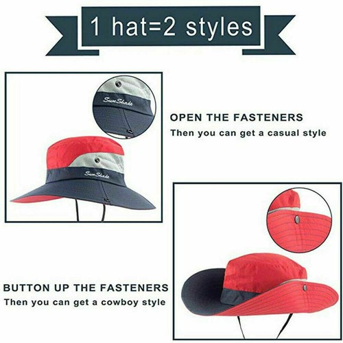 Wide Brim Sun Hat Women UV Protection Ponytail Summer Beach Visor Floppy Cap AU - Picture 8 of 17