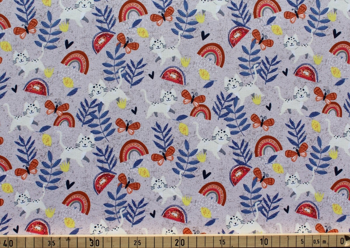 Baumwolle Jersey Stoff, Quality Textiles, Katzen, Helles Lila