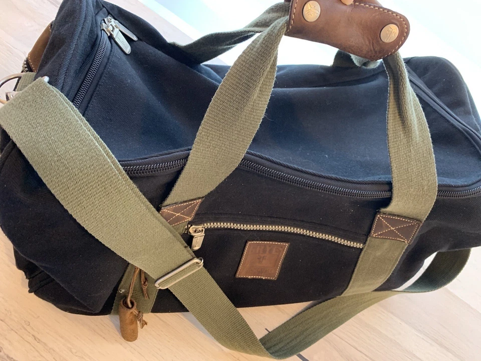 Bolsa de viagem FRYE enorme lona preta viagem couro cavalo louco mala VINTAGE - Imagem 3 de 4