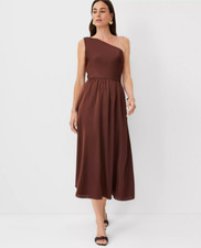 NEW ANN TAYLOR $179 BROWN SATIN ONE SHOULDER FLARE MIDI DRESS SZ 6