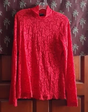 Moda International Red Stretch Lace Top Blouse Long Sleeve Mock Turtle Neck L