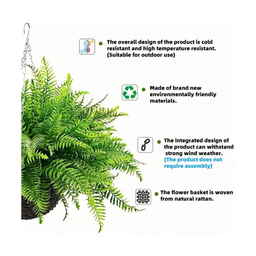 QIANYUN Fake Fern Outdoor Artificial Plants-2-Pack Artificial Outdoor Hanging... - 第 4/8 張圖片