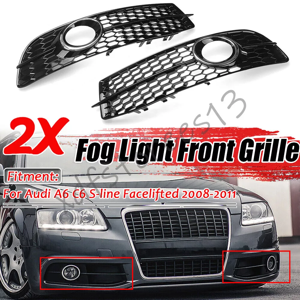For Audi A6 C6 S line Chrome Front Bumper Fog Light Lamp Grille Cover Honeycomb