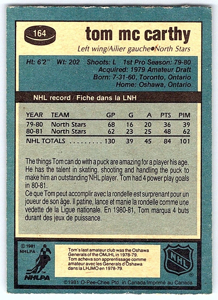 1981-82 O-Pee-Chee Tom McCarthy Minnesota North Stars #164 - Image 2 of 2