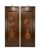 Antique Chinese Carved Wood Wall Panels Pair Lotus Peony Vase Relief Art 36x12.5