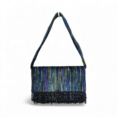 Saks Fifth Avenue Multicolor Velvet Beaded Fringe Shoulder Bag Evening Purse