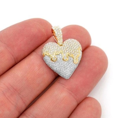 1Ct Natural Moissanite Charm Dripping Heart Pendant Yellow Gold Plated Jewelry