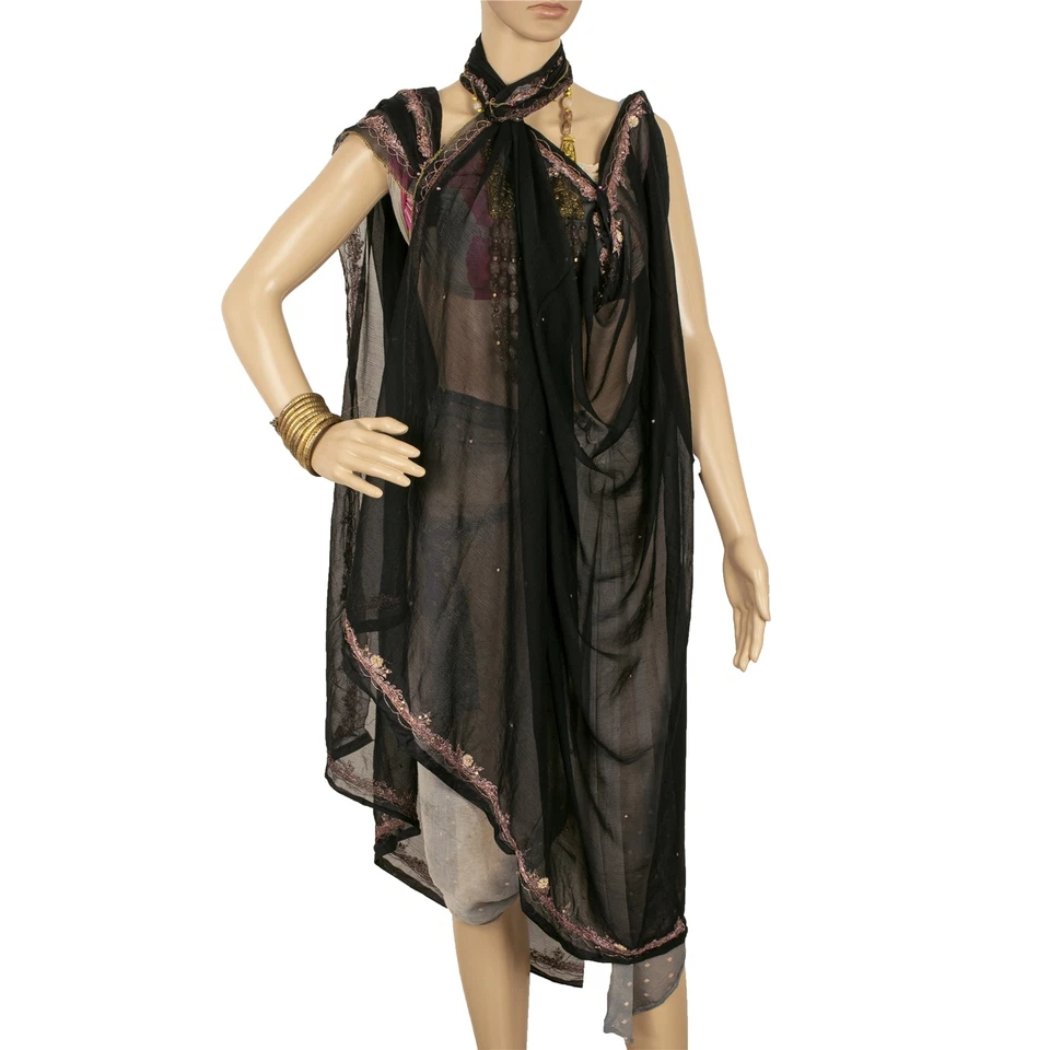 Velo Zari Zardozi Sanskriti Vintage Dupatta Estola Larga Gasa Negro Cuentas a Mano Foto 3 de 4