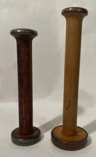 2 Vintage Wooden Textile Mill Bobbin Spools Metal Ends 19c Industrial Thread
