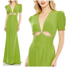 Mac Duggal NWT Plunge Neck Puff Sleeve Beaded Cut Out Gown Green Apple Size 8