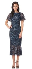 Tahari Ophelia Navy Blue Black Floral Crochet Lace Sheath Dress 8/10 Excellent