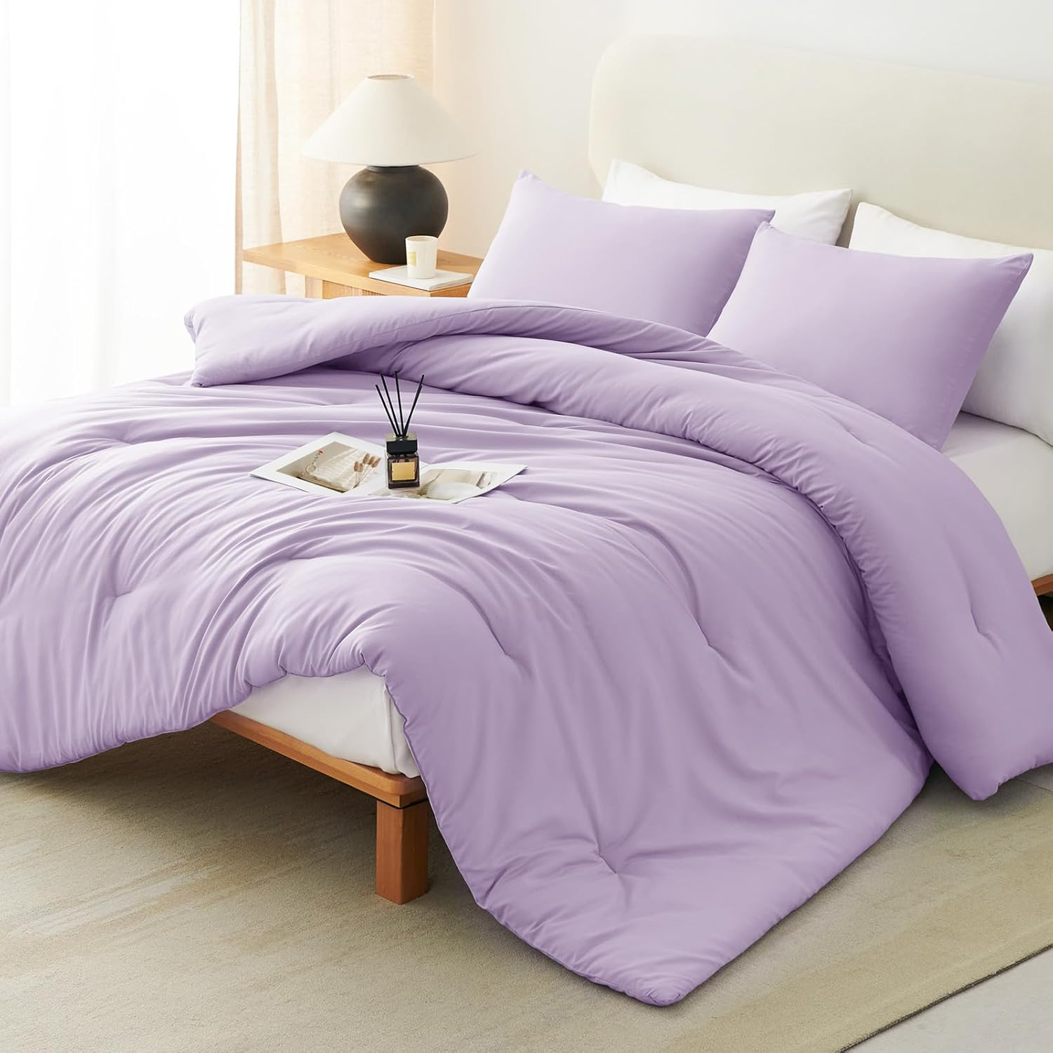 Lavender Queen Comforter Set, 3 Pieces Light Purple Solid Breathable Quilted Boh