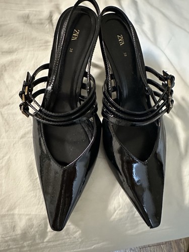 Zara Black Patent Pointed Triple Strap Slingback Kitten Heels EU 38