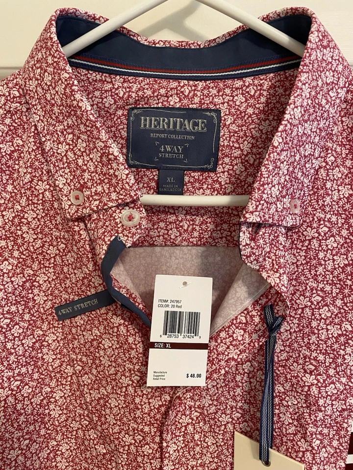Men’s NWT Heritage Report Collection Short Sleeve Button Down, Size XL Red - Image 2 of 4