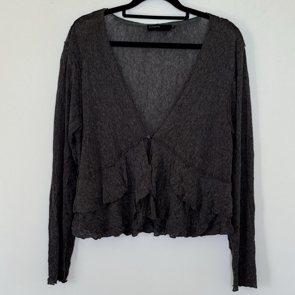 Flower Ruffle Cardigan Size 12 Grey V Neck Pit-pit  46cm 