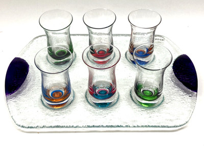 Dansk Spectra Cordial Art Glass Set of 6 with Textured Glass Serving Tray